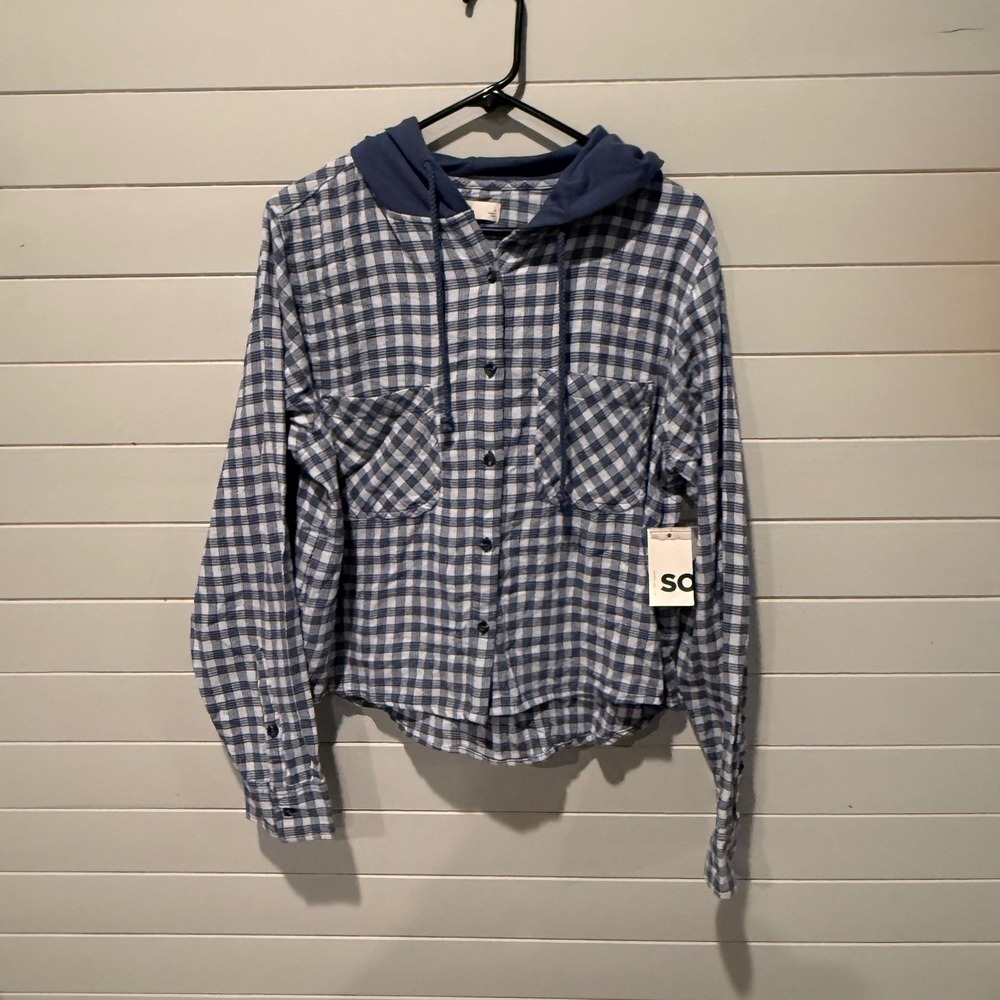 SO Kohls Blue White Plaid Hooded Shrunken Button Down Shirt NWT‎